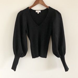 Ronny Kobo Tegan Puff Sleeve Black V-Neck Knit S